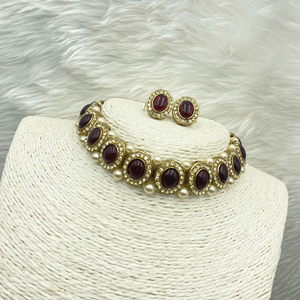 Eshti Maroon Choker Necklace Set - Gold