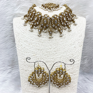 Pavani Gold Polki Stone Choker Necklace Set - Antique Gold