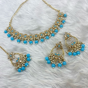 Avani Gold Light Blue Beads Necklace Set -Gold