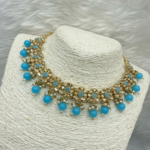 Avani Gold Light Blue Beads Necklace Set -Gold