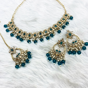 Avani French Blue Beads Necklace Set -Gold