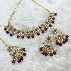 Avani Gold Purple Beads Necklace Set -Gold