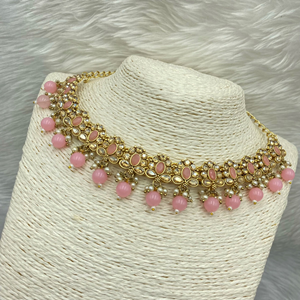 Avani Gold Polki/Baby Pink Beads Necklace Set -Gold