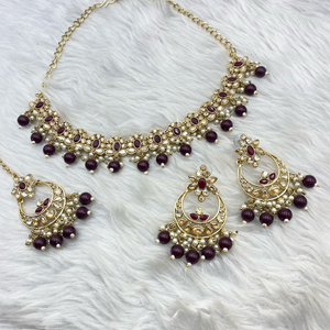 Avani Gold Maroon Beads Necklace Set -Gold