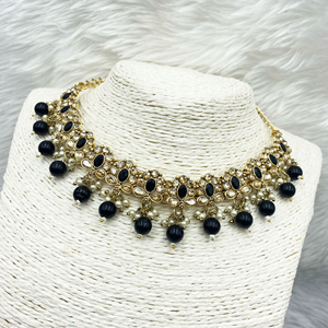 Avani Gold Polki/Navy Blue Beads Necklace Set -Gold