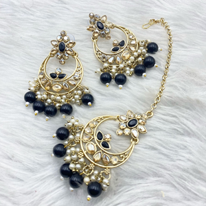 Avani Gold Polki/Navy Blue Beads Necklace Set -Gold