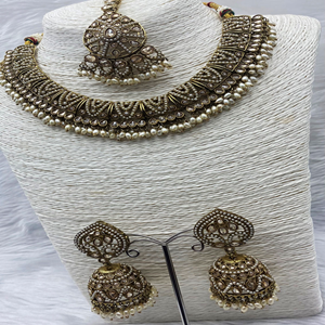 Tapti Gold Polki Stone Necklace Set - Antique Gold