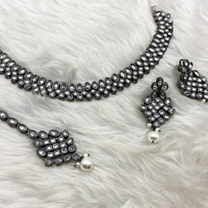 Indira - White Polki Necklace Set - Gun Metal