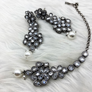 Samara White Polki Necklace Set - Gun Metal