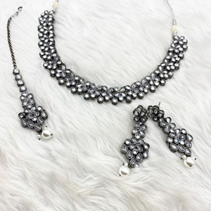 Samara White Polki Necklace Set - Gun Metal