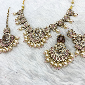 Vian Baby Pink Necklace Set - Antique Gold