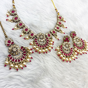 Vian Hot Pink Necklace Set - Antique Gold