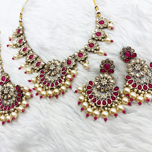 Vian Hot Pink Necklace Set - Antique Gold