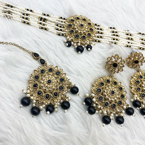 Para Black Choker Necklace Set - Antique Gold