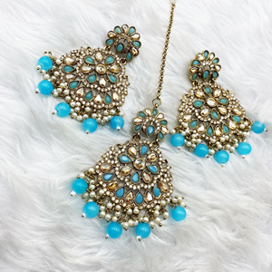 Saar Baby Blue Earring Tikka Set - Antique Gold