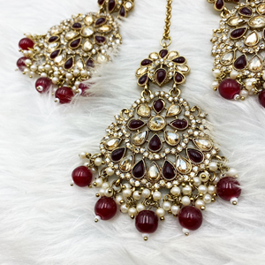 Saar Maroon Earring Tikka Set - Antique Gold