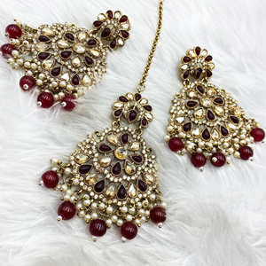 Saar Maroon Earring Tikka Set - Antique Gold