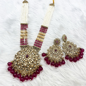 Gana Pink Long Necklace Set - Antique Gold