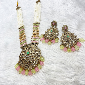 Gana Baby Pink/Pista Long Necklace Set - Antique Gold