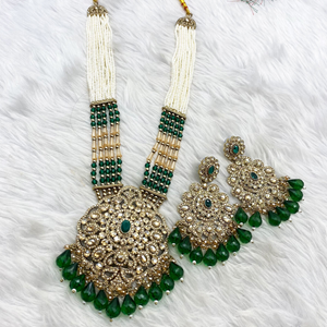 Gana Green Long Necklace Set - Antique Gold