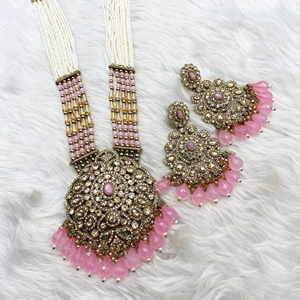 Gana Baby Pink Long Necklace Set - Antique Gold