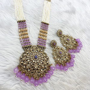 Gana Lilac Long Necklace Set - Antique Gold