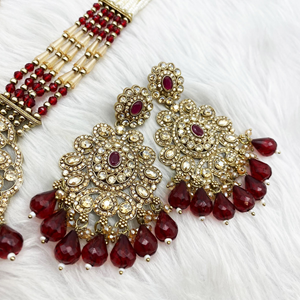 Gana Maroon Long Necklace Set - Antique Gold