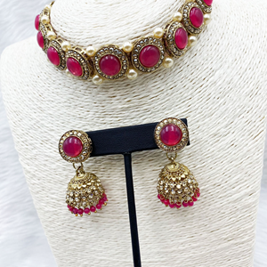 Yami Hot Pink Choker Necklace Set - Gold