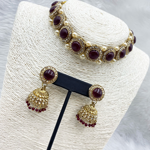 Yami Maroon Choker Necklace Set - Gold