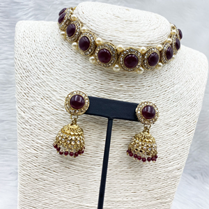 Yami Maroon Choker Necklace Set - Gold