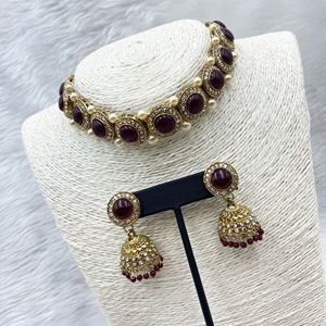 Yami Maroon Choker Necklace Set - Gold