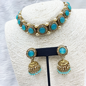 Yami Light Blue Choker Necklace Set - Gold