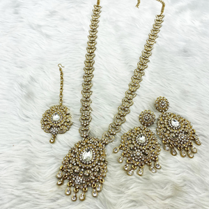 Pavu White Stone Long Necklace Set - Antique Gold