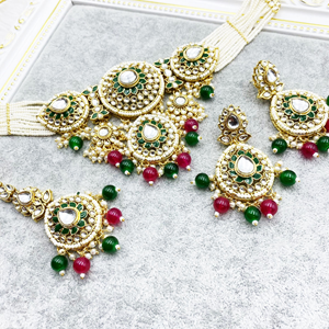 Habiba Pink & Green Regal  Kundan Choker Necklace Set - Gold