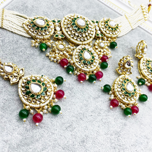 Habiba Pink & Green Regal  Kundan Choker Necklace Set - Gold