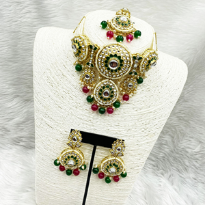 Habiba Pink & Green Regal  Kundan Choker Necklace Set - Gold