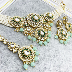 Habiba Pista Regal Kundan Choker Necklace Set - Gold 