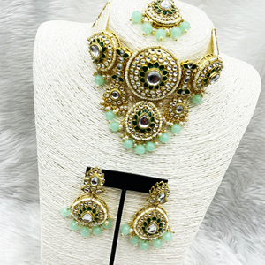 Habiba Pista Regal Kundan Choker Necklace Set - Gold 