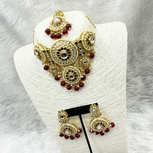 Habiba Maroon Regal  Kundan Choker Necklace Set - Gold