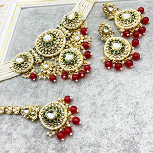 Habiba Dark Pink Regal Kundan Choker Necklace Set - Gold