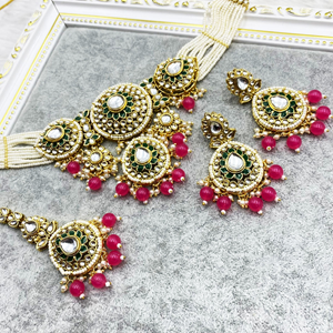 Habiba Hot Pink Regal  Kundan Choker Necklace Set - Gold