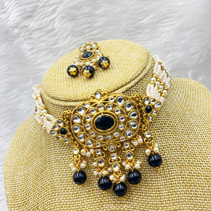 Ria Black Kundan Choker Necklace Set - Gold