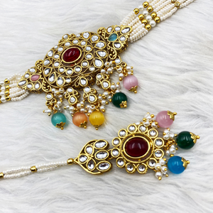 Ria Multicolour Kundan Choker Necklace Set - Gold