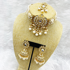 Ria White Kundan Choker Necklace Set - Gold