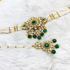 Ria Bottle Green Kundan Choker Necklace Set - Gold