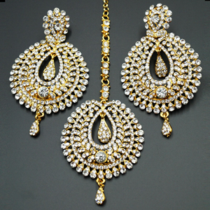 Kyra White Diamante Earring Tikka and Passa/Jhoomer Set - Gold